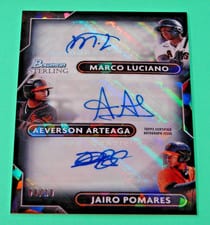 2022 Bowman Sterling Triple Refractor Autographs Jairo Pomares / Marco Luciano / Aeverson Arteaga #TRA-LAP card