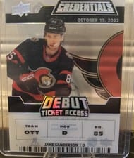 2022-23 Upper Deck Credentials Acetate Debut Ticket Access Jake Sanderson #DTA-SA card
