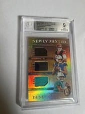 2020 Panini Gold Standard Newly Minted Memorabilia Joe Burrow / Justin Herbert / Tua Tagovailoa #MMT1 card