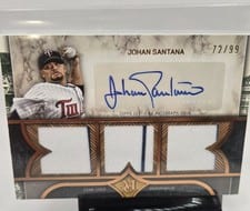 2025 Topps Museum Collection Single Player Signature Swatches Triple Relic Autographs Johan Santana #SPTRA-JS card