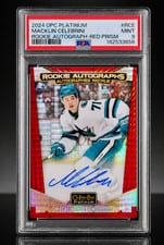 2024 O-Pee-Chee Platinum Rookie Autograph Macklin Celebrini Red Prism #R-CE card
