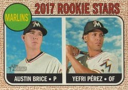 2017 Topps Heritage Base Set Marlins 2017 Rookie Stars (Austin Brice / Yefri Perez) #42 card