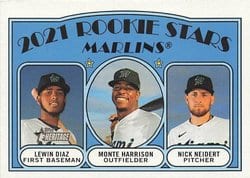 2021 Topps Heritage Base Set Marlins 2021 Rookie Stars (Lewin Diaz / Monte Harrison / Nick Neidert) #209 card