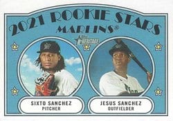 2021 Topps Heritage Base Set Marlins 2021 Rookie Stars (Sixto Sanchez / Jesus Sanchez) #15 card