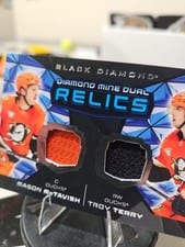 2025-26 Upper Deck Black Diamond Diamond Mine Dual Relics Mason McTavish/Troy Terry #DMDR-MT card