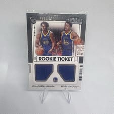 2021 Panini Contenders Rookie Ticket Dual Swatches Moses Moody, Jonathan Kuminga #RT2-GSW card