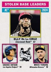 2025 Topps Heritage Base Set NL Stolen Base Leaders (Brice Turang / Shohei Ohtani / Elly De La Cruz) #197 card