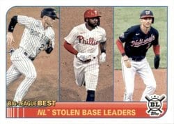 2021 Topps Big League Base Set NL Stolen Base Leaders (Trevor Story / Roman Quinn / Trea Turner) #260 card