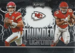 2020 Panini Playoff Thunder & Lightning Patrick Mahomes II / Clyde Edwards-Helaire #TL-2 card