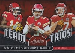 2019 Panini Absolute Team Trios Patrick Mahomes II / Sammy Watkins / Travis Kelce #TT-KC card