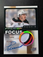 2023-24 Upper Deck Premier Premier Focus Autograph Patch Rookies Pavel Mintyukov #PFR-PM card