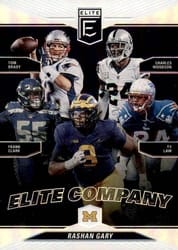 2019 Donruss Elite Elite Company Rashan Gary / Tom Brady / Charles Woodson / Frank Clark / Ty Law #9 card