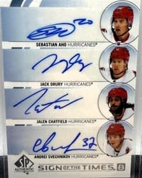2024-25 SP Authentic Sign of the Times 8 Sebastian Aho/Jack Drury/Jalen Chatfield/Andrei Svechnikov/Seth Jarvis/Martin Necas/Jaccob Slavin/Rod Brind'Amour #ST8-CAR card