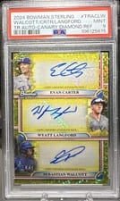 Sebastian Walcott / Evan Carter / Wyatt Langford 2024 Bowman Sterling Triple Refractor Autographs card