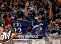 2018 Topps Update Base Set Throw Your Hands In The Air (Christian Yelich / Lorenzo Cain) #US65 card