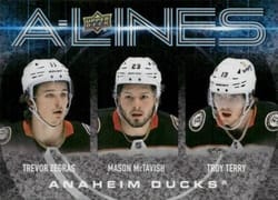 2024-25 Upper Deck A-Lines Trevor Zegras / Mason McTavish / Troy Terry #AL-1 card