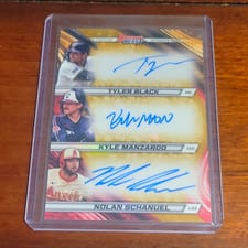 2024 Bowman's Best Triple Autographs Tyler Black / Nolan Schanuel / Kyle Manzardo #TA-BMS card